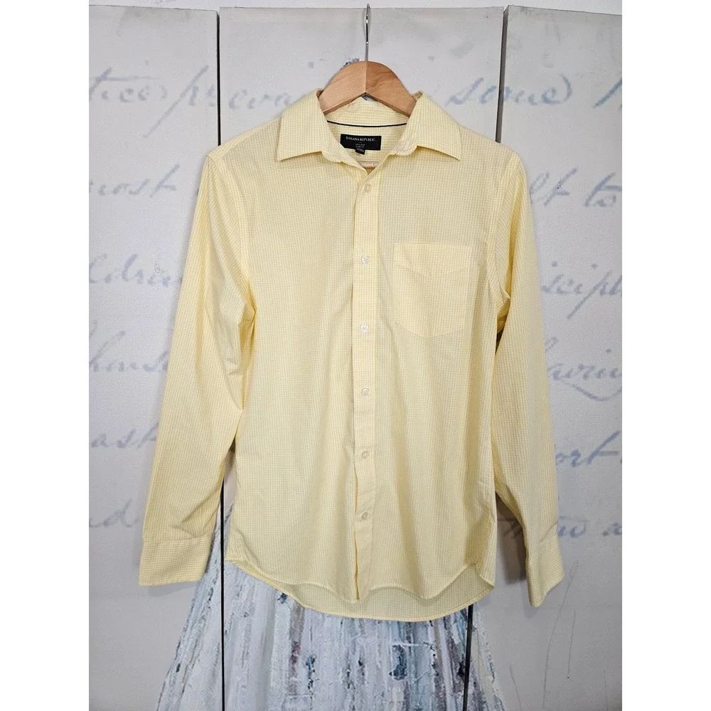 Banana Republic Button Down Shirt S Yellow Gingham Slim Fit Non Iron Cotton